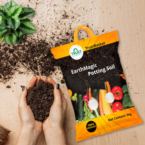 TrustBasket Enriched Organic Earth Magic Potting Soil (5kg) +   Heavy Duty Garden Hand Gloves 2 Count (Pack Of 1)