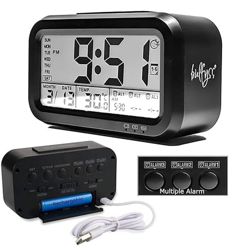  - Bulfyss USB Rechargeable Digital Alarm Clock, Date, Temperature, Backlight LCD Display Smart Clock with 3 Alarms Bedroom Table Desk (Black)