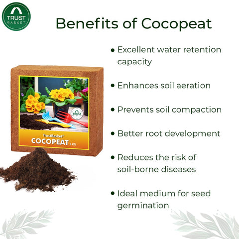 TrustBasket Cocopeat for Plants (5kg) + Earth Magic Potting Soil Fertilizer for Plants (5 kg)