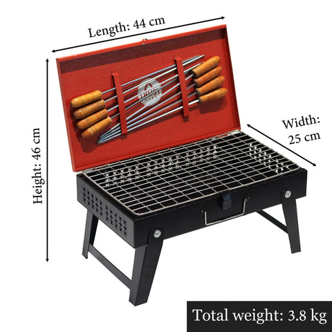 Foldable Charcoal Barbeque Grill Set With 8 Skewers & Charcoal Tray (Red & Black) Briefcase Barbeque Grill