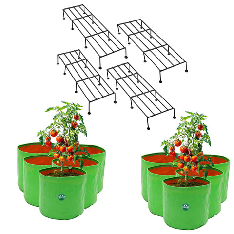 TrustBasket Indigo Anti Rust Metal Plant Stand + HDPE Round Grow Bags (Set of 5) - 15"