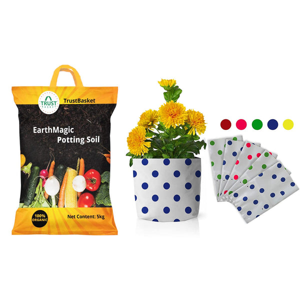 Earth Magic Potting Soil (5kg) + UV Stabilized Long Life Premium Colorful Dotted Grow Bags - 5 Qty (20 * 20 * 35cms)