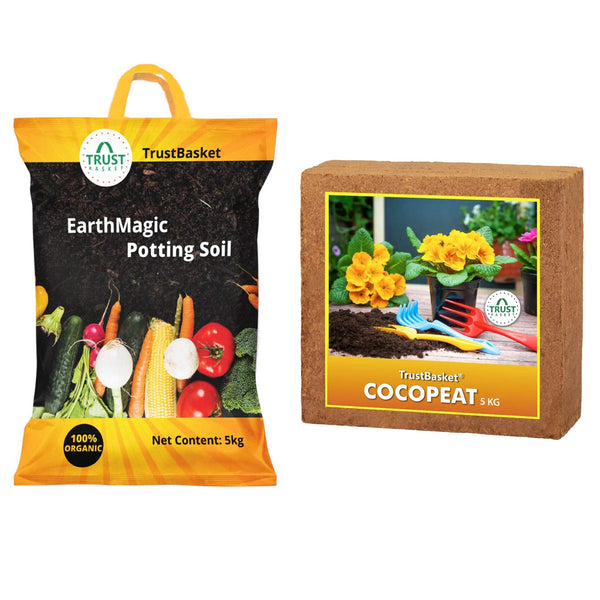 TrustBasket Cocopeat for Plants (5kg) + Earth Magic Potting Soil Fertilizer for Plants (5 kg)