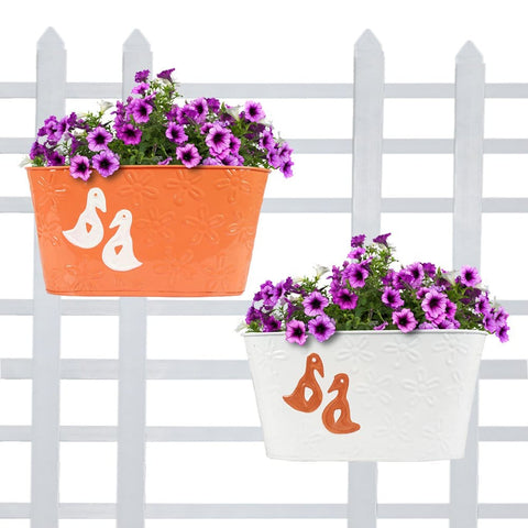 Duck Designer Oval Railing Planters - Set of 2 (White and Orange)