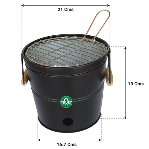 TrustBasket Portable Barbeque Bucket Round Portable Charcoal BBQ Barbeque for Indoor/Outdoor and Multiuse (Black)