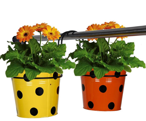 Railing Mountable Hanger with Yellow and Orange Dotted Round Planter